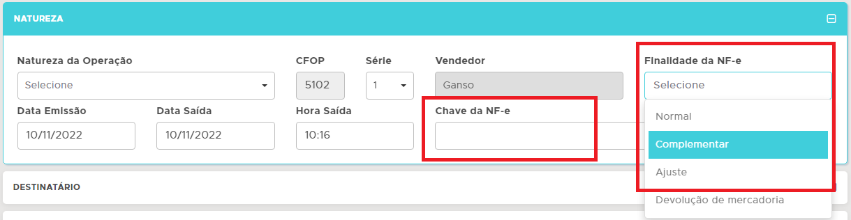 Nova nota de ajuste ou complemento
