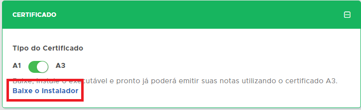 Aba Certificado com a opção Baixe o Instalador Baixe o Instalador na aba Certificado