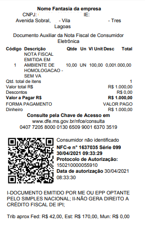 Cupom da venda impresso