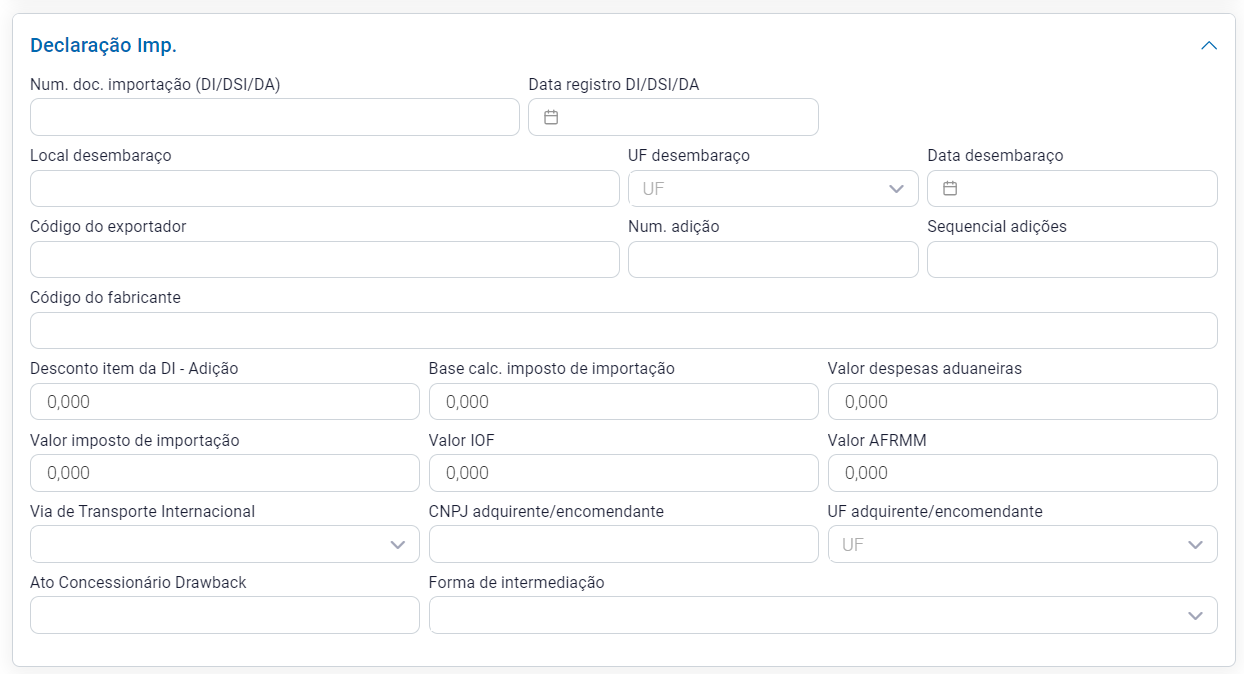 Aba Declaração de Importação