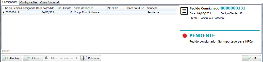 Pedido consignado pendente