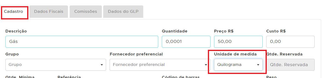 Unidade de medida KG no cadastro do item