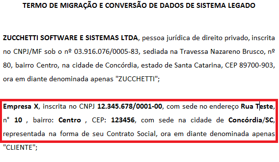 Termo de migração preenchido