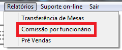 Menu do relatório de comissão por funcionário Relatório de comissão
