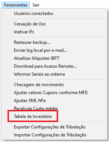 Menu Ferramentas - Tabela de Inventario no SupportClipp Menu Tabela de Inventario
