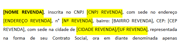 Campos dos dados da revenda no termo