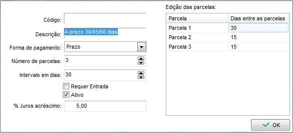 Edição das Parcelas 30/45/60 dias