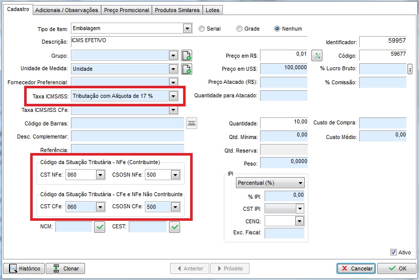 CST 060 e CSOSN 500 no produto