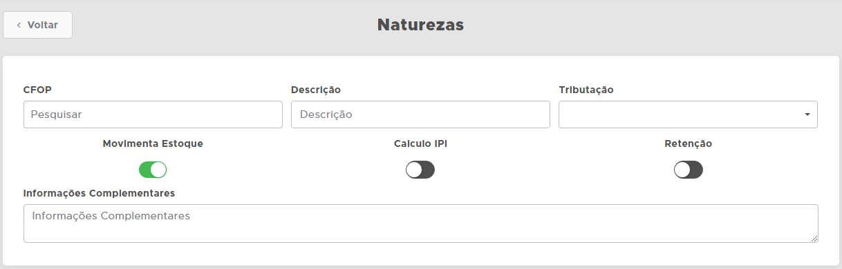 Cadastro de natureza CFOP