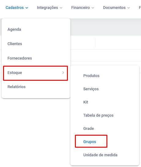 Menu Cadastros, Estoque, Grupos no ZetaWeb Menu Cadastros, Estoque, Grupos no ZetaWeb
