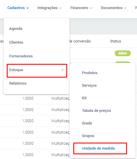 Menu Cadastros, Estoque, Unidades de Medida Menu Cadastros, Estoque, Unidades de Medida