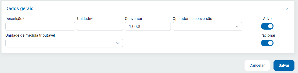 Tela de cadastro da unidade de medida Tela de cadastro da unidade de medida