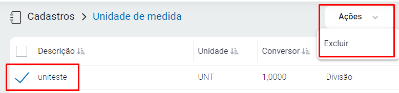 Cadastro do fator de conversão da unidade de medida Cadastro do fator de conversão da unidade de medida