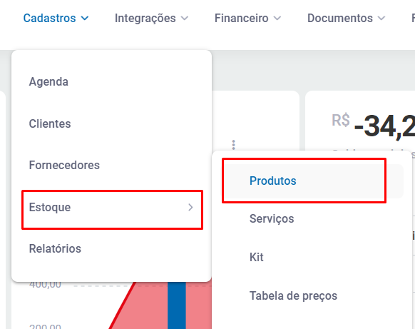 Menu Estoque - Produtos