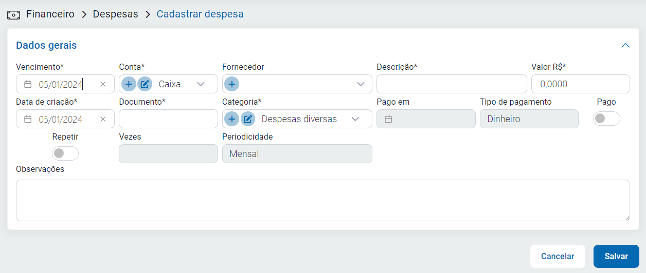 Lançamento de despesa