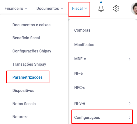 Menu Parametrizações