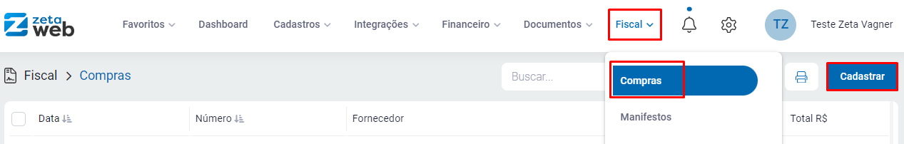 Menu Fiscal - Compras com o botão Cadastrar Menu Fiscal - Compras