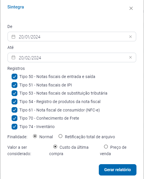 Período e registros do Sintegra
