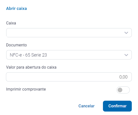 Informações de abertura do caixa Abertura do caixa