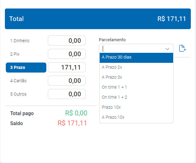 Escolha da forma e do meio de pagamento na parte direita da tela Forma e meio de pagamento