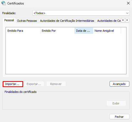 Botão Importar nas Opções da Internet Botão Importar do certificado digital