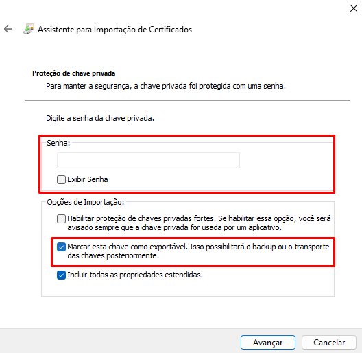 Informar a senha e marcar as opções na importação do certificado Senha e opções de importação do certificado