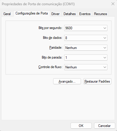 Configurações da porta COM