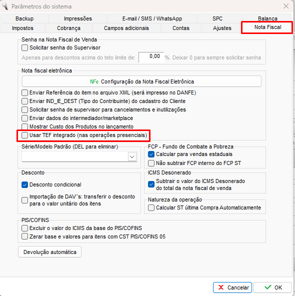 Opção Usar TEF integrado
