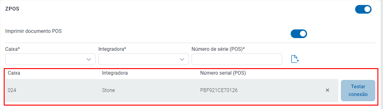 Maquininha adicionada no ZPOS