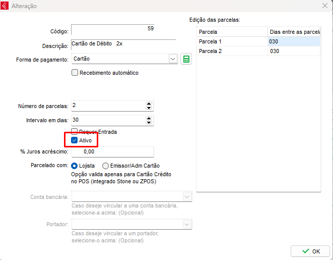 Opção Ativo marcada no parcelamento a débito Parcelamento ativado
