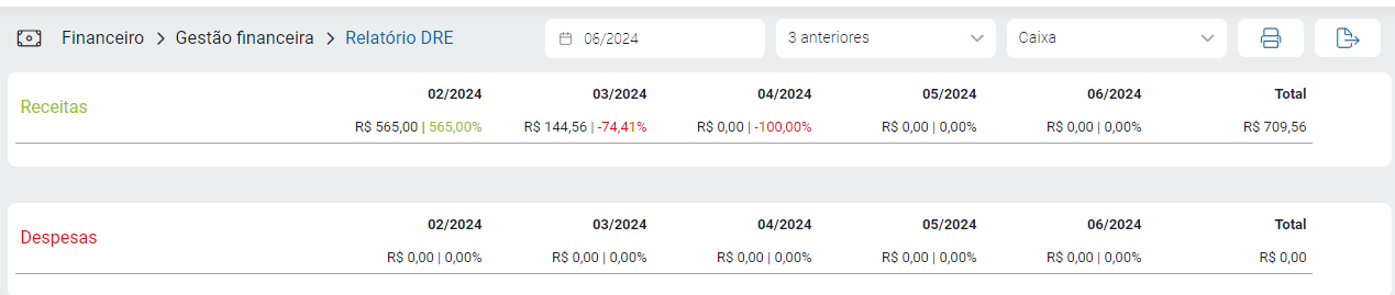 Relatório DRE com despesas e receitas