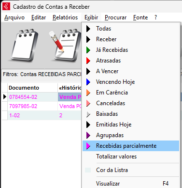 Exibir contas recebidas parcialmente