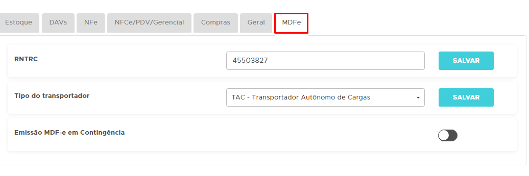 Aba MDF-e das Configurações gerais