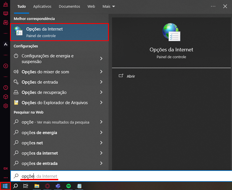 Pesquisa por Opções da Internet no menu Iniciar do Windows Opções da Internet no menu Iniciar