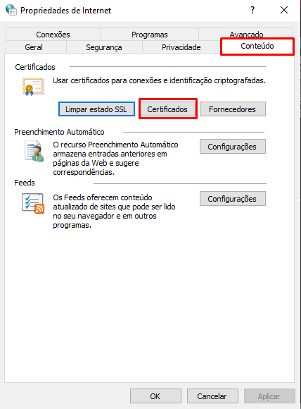 Aba Conteúdo e botão Certificados nas Opções da Internet Conteúdo e Certificados