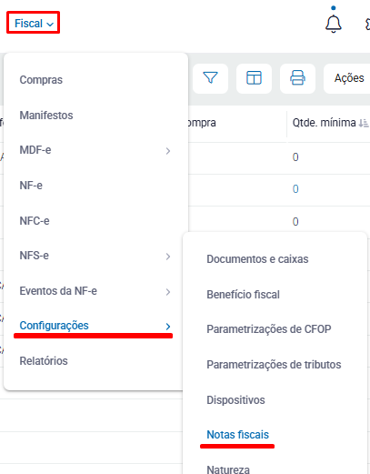 Menu Fiscal Configurações Nota Fiscal