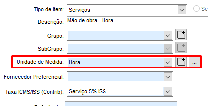 Unidade de medida HR selecionada no cadastro do serviço Unidade de medida HR no cadastro