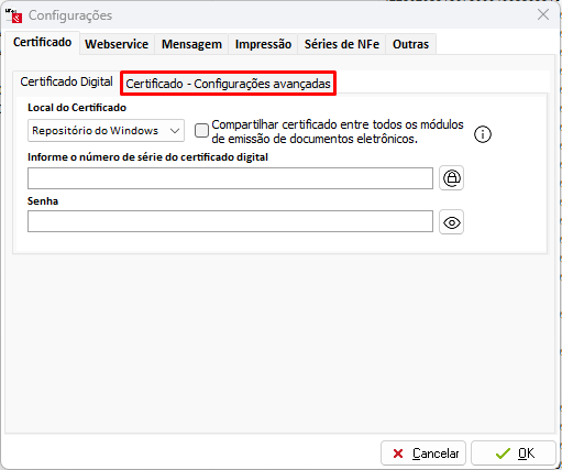 Configurações avançadas do certificado