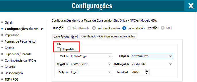 LibPadrão desmarcada na NFC-e