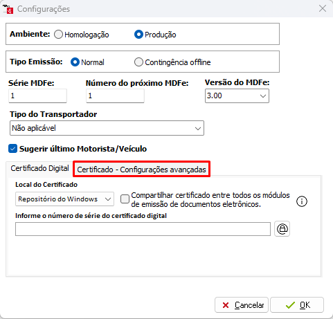 Configurações avançadas do MDF-e