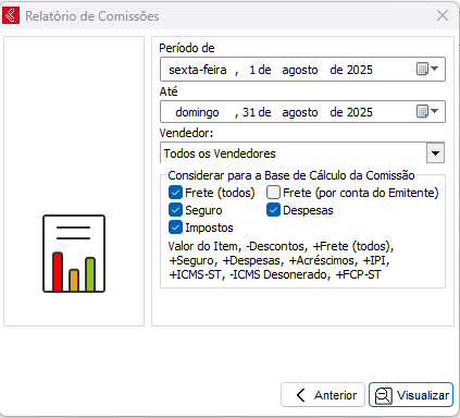 Opções do relatório de comissões
