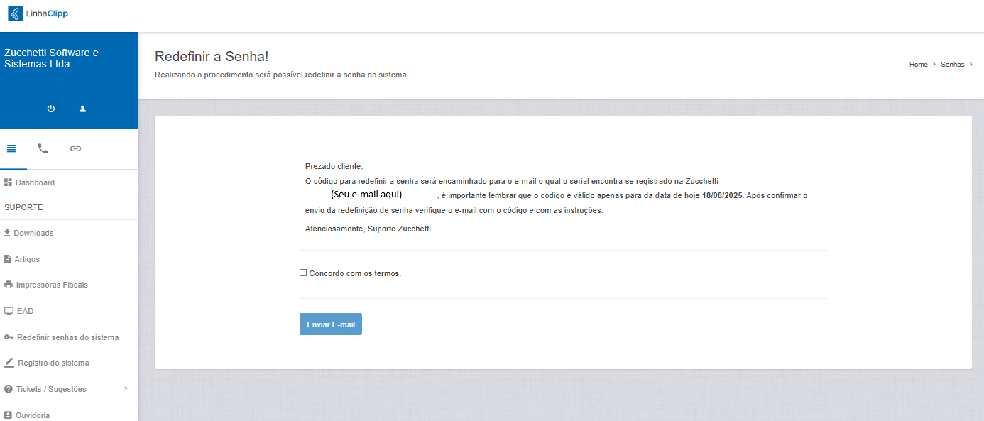 Tela de instruções e Enviar E-mail