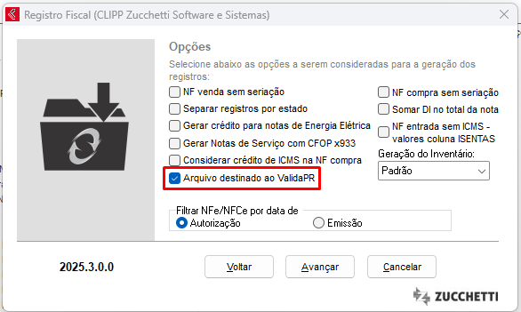 Opção Arquivo destinado ao ValidaPR