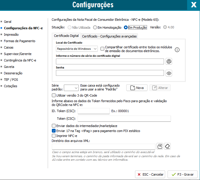 Configurações da NFC-e