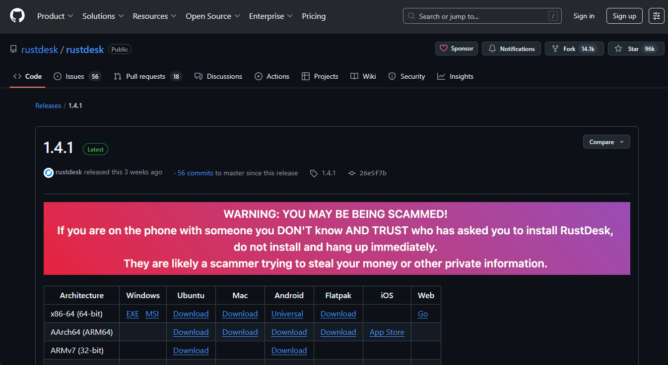 Releases do RustDesk no GitHub