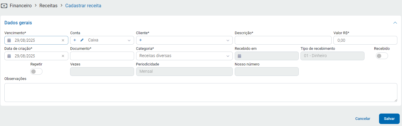 Formulário de cadastro de receita