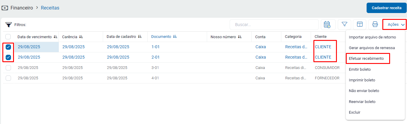 Seleção de contas para recebimento simultâneo