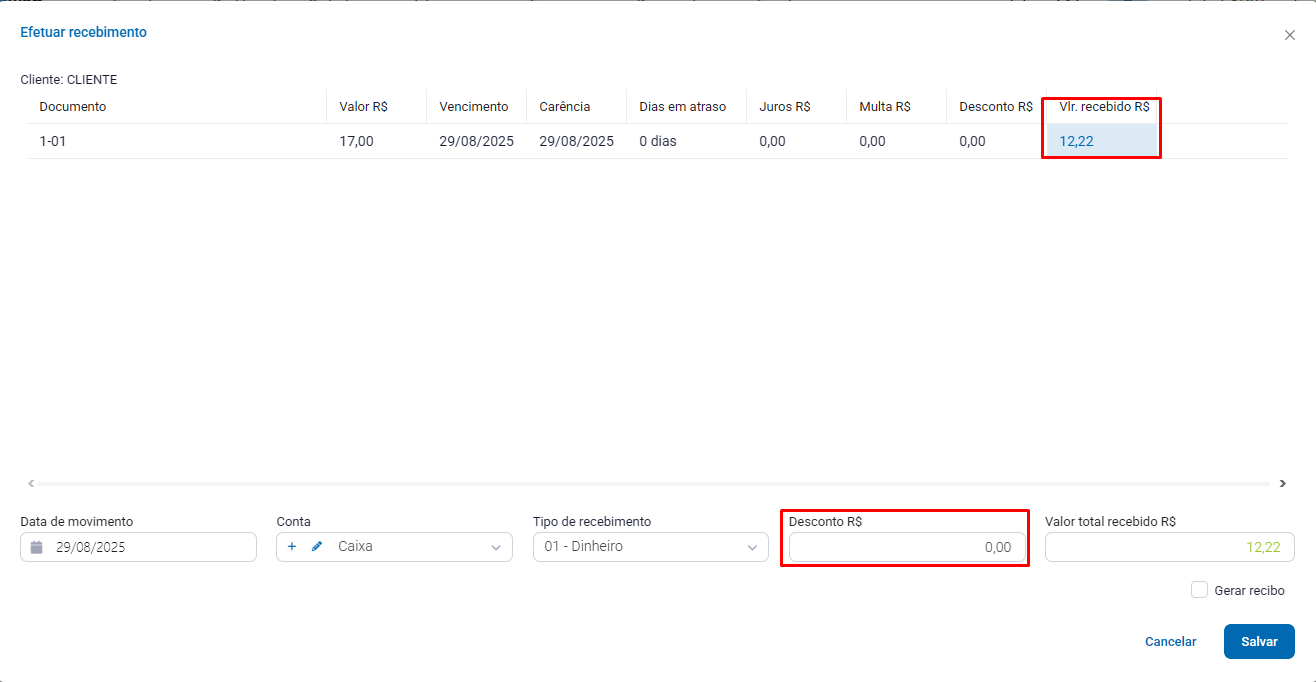 Recebimento parcial de conta