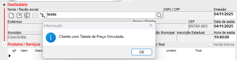 Aviso de tabela de preços vinculada na NFe