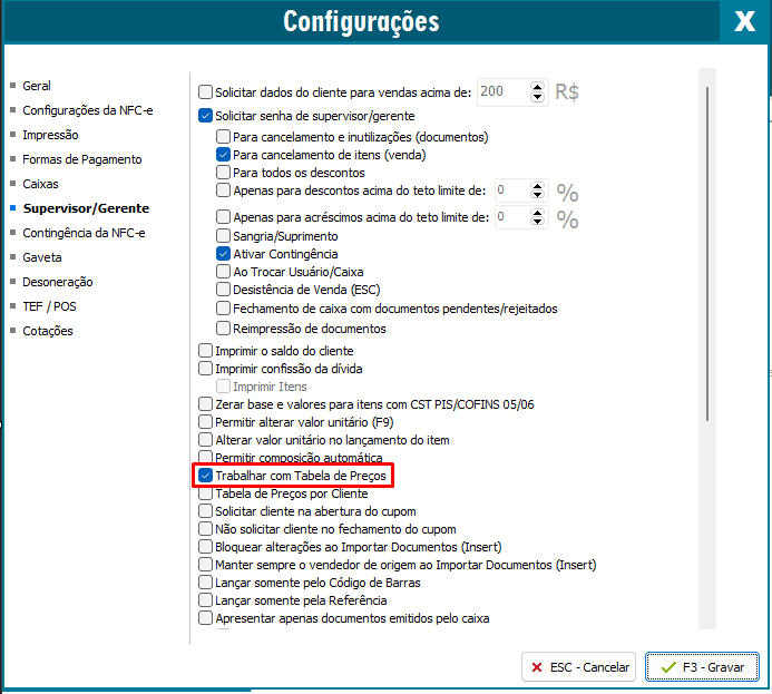 Configurações Supervisor/Gerente da NFC-e